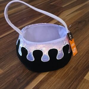 Black and Lavender Purple Sequin Kids Halloween Cauldron Bag Witch Candy Treat